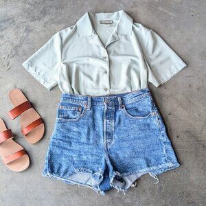 Vintage Notations Pastel Mint Green Button Front Short Sleeve Blouse large